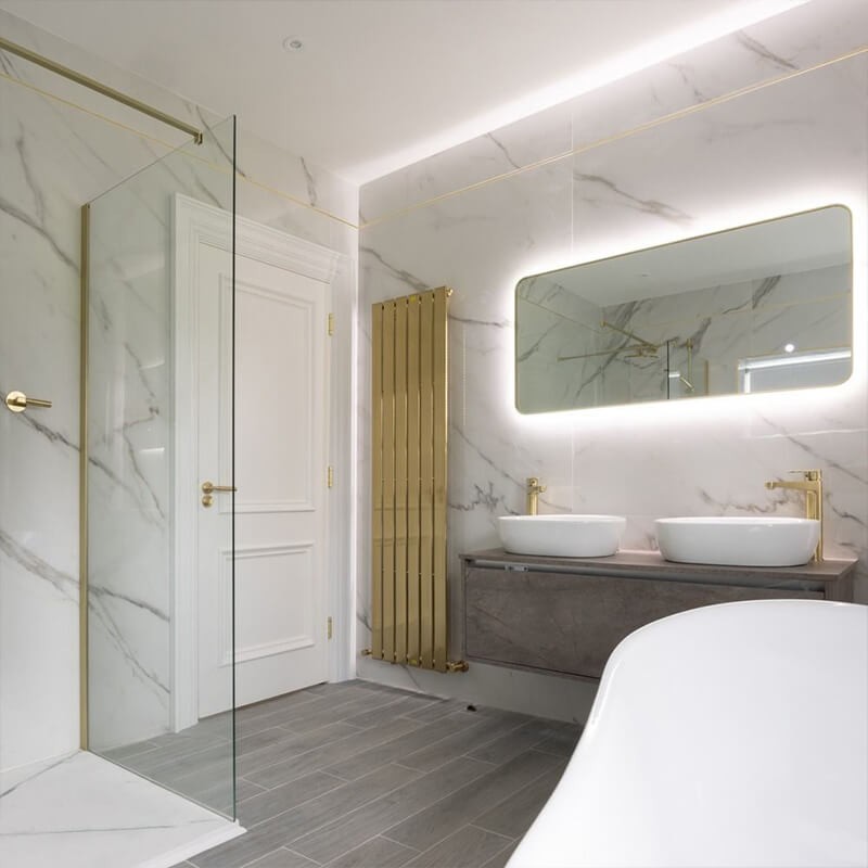 High-shine glossy tiles in a modern bathroom