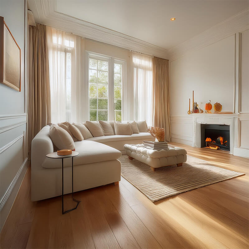 Herringbone wood flooring with ornate skirting in a luxurious living room
